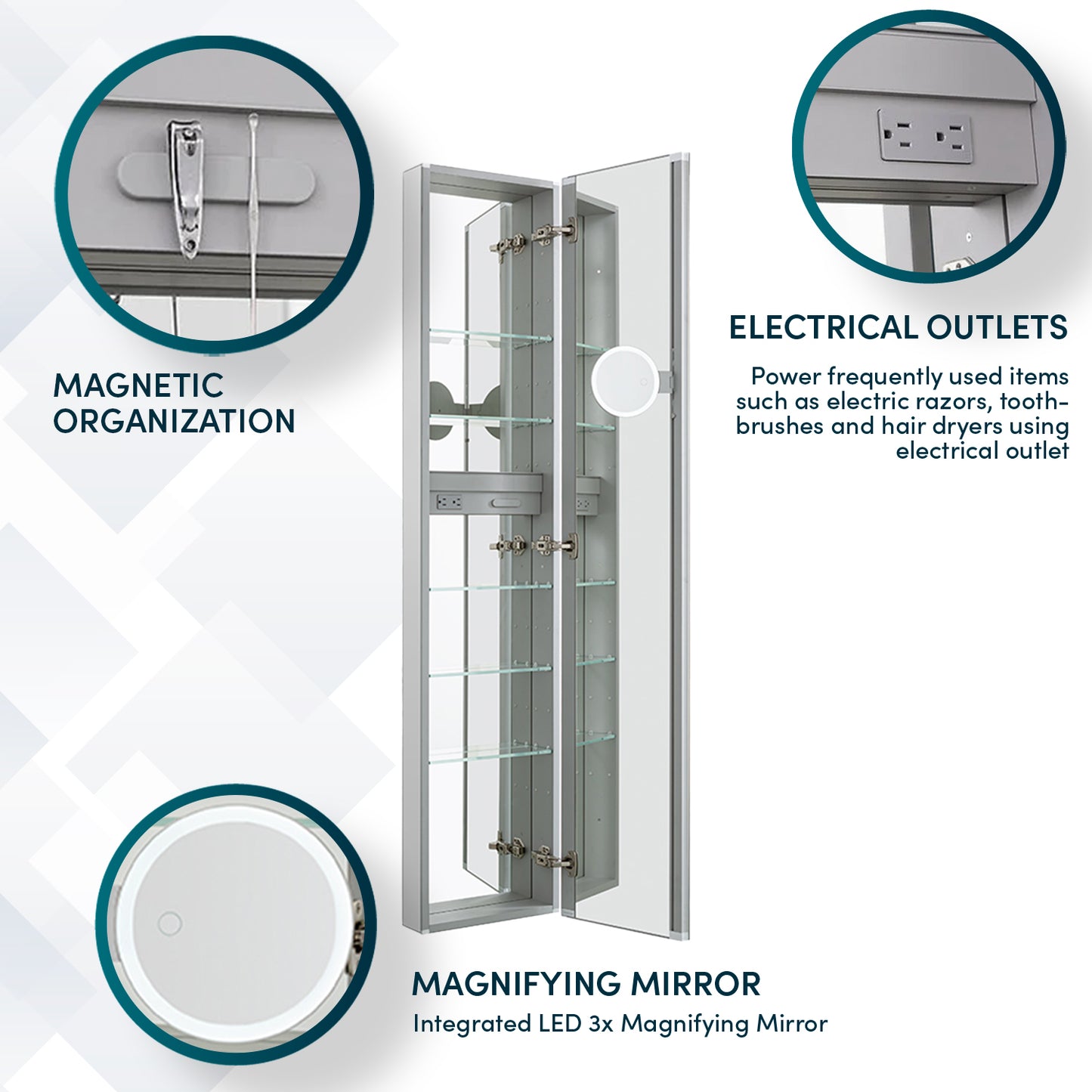 Aquadom Royale 15" x 70" Rectangular Right-Hinged Recessed or Surface Mount Medicine Cabinet With LED Lighting, Touch Screen Button, Defogger