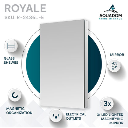 Aquadom Royale 24" x 36" Rectangular Left-Hinged Recessed or Surface Mount Medicine Cabinet With LED Lighting, Touch Screen Button, Defogger