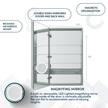 Aquadom Royale 24" x 36" Rectangular Left-Hinged Recessed or Surface Mount Medicine Cabinet With LED Lighting, Touch Screen Button, Defogger