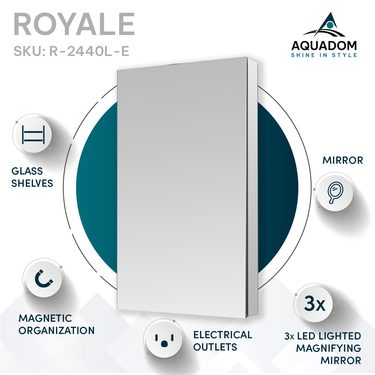 Aquadom Royale 24" x 40" Rectangular Left-Hinged Recessed or Surface Mount Medicine Cabinet With LED Lighting, Touch Screen Button, Defogger