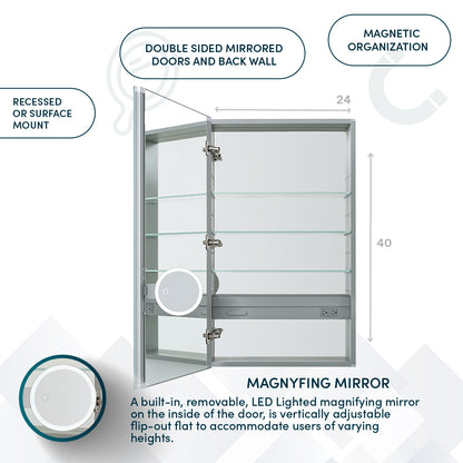 Aquadom Royale 24" x 40" Rectangular Left-Hinged Recessed or Surface Mount Medicine Cabinet With LED Lighting, Touch Screen Button, Defogger