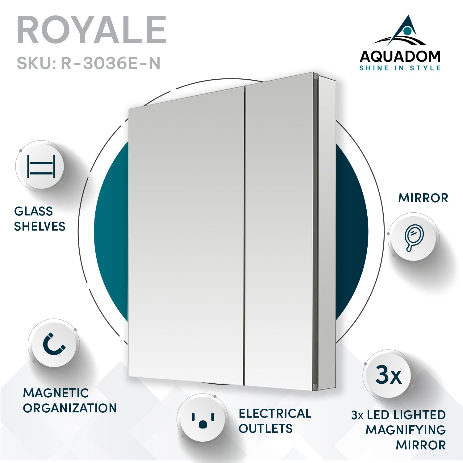 Aquadom Royale 30" x 36" Rectangular Double-Door Recessed or Surface Mount Medicine Cabinet