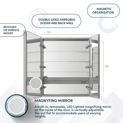 Aquadom Royale 30" x 36" Rectangular Double-Door Recessed or Surface Mount Medicine Cabinet
