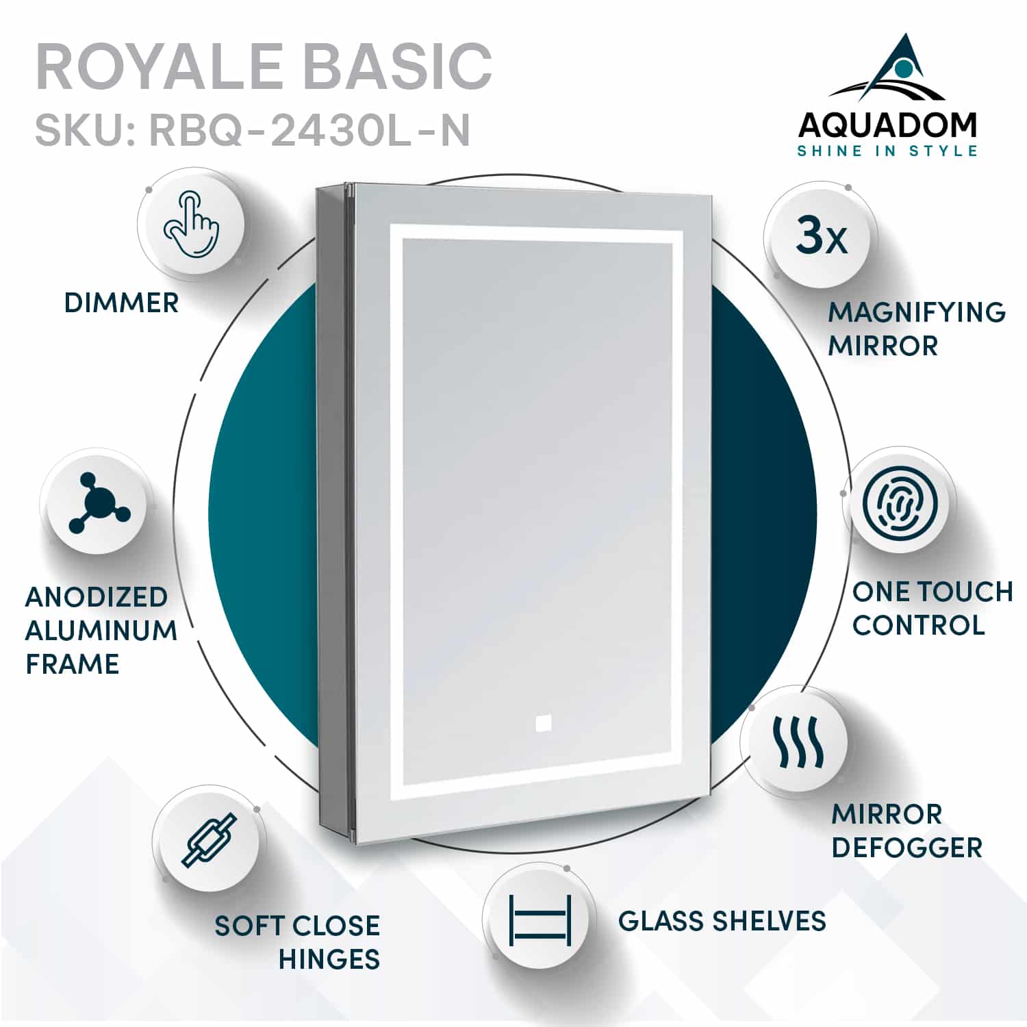 Aquadom Royale Basic Q 24" x 30" Rectangular Single View Left-Hinged Recessed or Surface Mount Medicine Cabinet With LED Lighting, Touch Screen Button, Dimmer