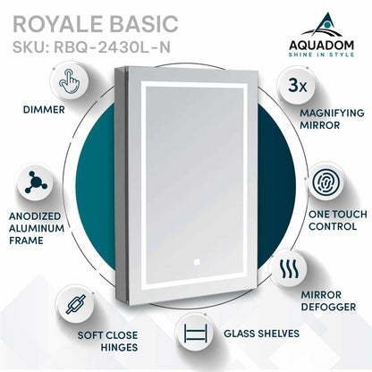 Aquadom Royale Basic Q 24" x 30" Rectangular Single View Left-Hinged Recessed or Surface Mount Medicine Cabinet With LED Lighting, Touch Screen Button, Dimmer
