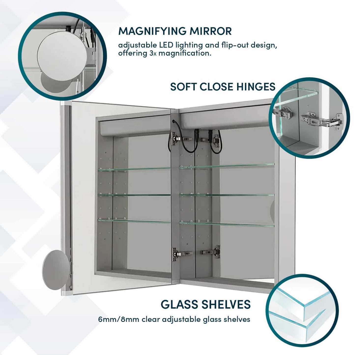 Aquadom Royale Basic Q 24" x 30" Rectangular Single View Left-Hinged Recessed or Surface Mount Medicine Cabinet With LED Lighting, Touch Screen Button, Dimmer