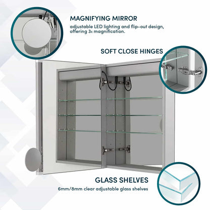 Aquadom Royale Basic Q 24" x 30" Rectangular Single View Left-Hinged Recessed or Surface Mount Medicine Cabinet With LED Lighting, Touch Screen Button, Dimmer