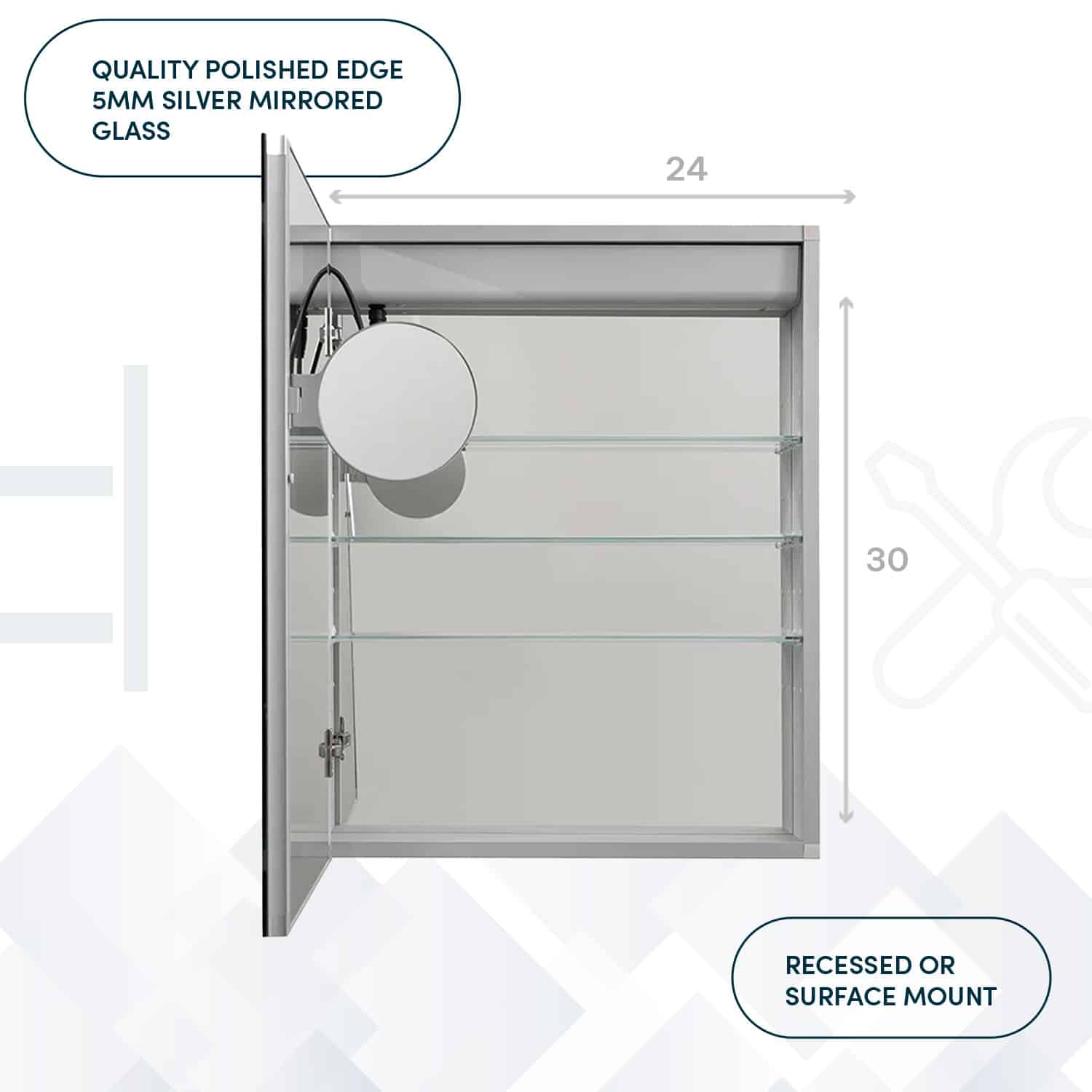 Aquadom Royale Basic Q 24" x 30" Rectangular Single View Left-Hinged Recessed or Surface Mount Medicine Cabinet With LED Lighting, Touch Screen Button, Dimmer