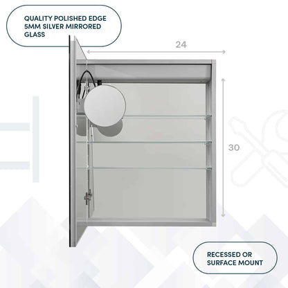 Aquadom Royale Basic Q 24" x 30" Rectangular Single View Left-Hinged Recessed or Surface Mount Medicine Cabinet With LED Lighting, Touch Screen Button, Dimmer
