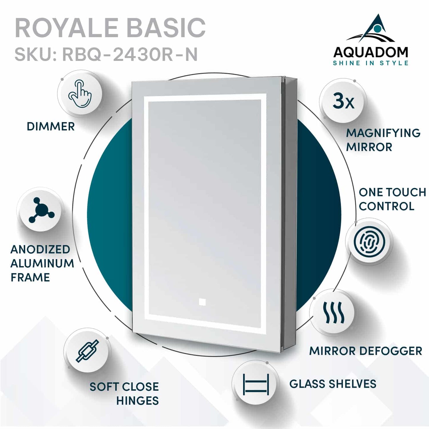 Aquadom Royale Basic Q 24" x 30" Rectangular Single View Right-Hinged Recessed or Surface Mount Medicine Cabinet With LED Lighting, Touch Screen Button, Dimmer
