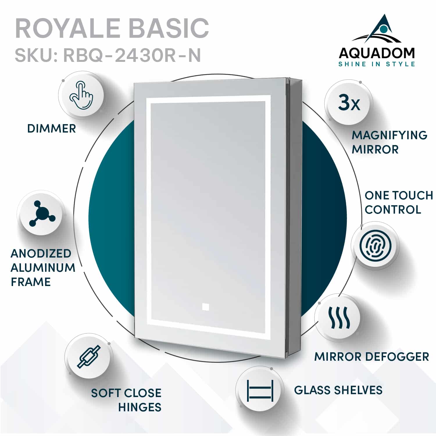 Aquadom Royale Basic Q 24" x 30" Rectangular Single View Right-Hinged Recessed or Surface Mount Medicine Cabinet With LED Lighting, Touch Screen Button, Dimmer