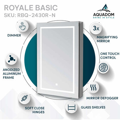 Aquadom Royale Basic Q 24" x 30" Rectangular Single View Right-Hinged Recessed or Surface Mount Medicine Cabinet With LED Lighting, Touch Screen Button, Dimmer