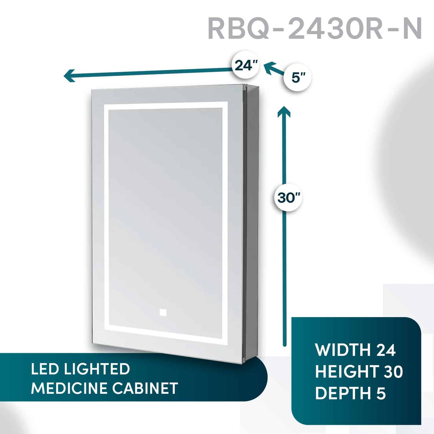 Aquadom Royale Basic Q 24" x 30" Rectangular Single View Right-Hinged Recessed or Surface Mount Medicine Cabinet With LED Lighting, Touch Screen Button, Dimmer