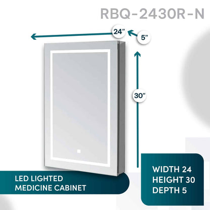 Aquadom Royale Basic Q 24" x 30" Rectangular Single View Right-Hinged Recessed or Surface Mount Medicine Cabinet With LED Lighting, Touch Screen Button, Dimmer