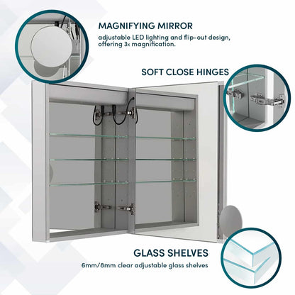 Aquadom Royale Basic Q 24" x 30" Rectangular Single View Right-Hinged Recessed or Surface Mount Medicine Cabinet With LED Lighting, Touch Screen Button, Dimmer