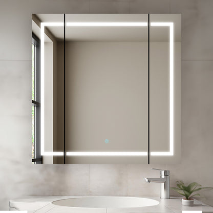 Aquadom Royale Plus 36" x 36" Triple-Door LED Lighted Medicine Cabinet With Defogger, Integrated LED 3X Magnifying Mirror and Electrical Outlet With USB