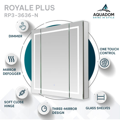 Aquadom Royale Plus 36" x 36" Triple-Door LED Lighted Medicine Cabinet With Defogger, Integrated LED 3X Magnifying Mirror and Electrical Outlet With USB