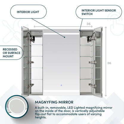 Aquadom Royale Plus 36" x 36" Triple-Door LED Lighted Medicine Cabinet With Defogger, Integrated LED 3X Magnifying Mirror and Electrical Outlet With USB
