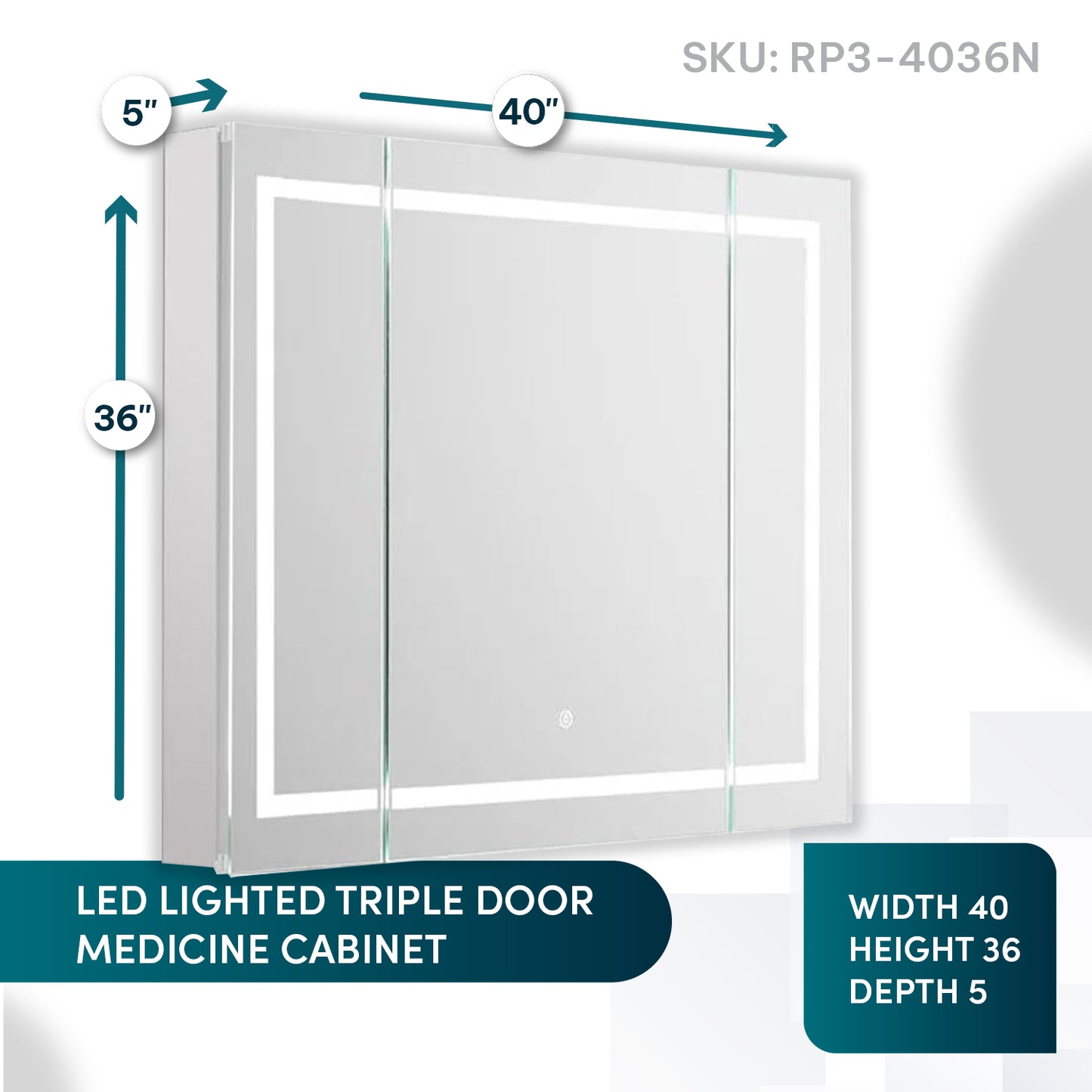 Aquadom Royale Plus 40" x 36" Triple-Door LED Lighted Medicine Cabinet With Defogger, Integrated LED 3X Magnifying Mirror and Electrical Outlet With USB