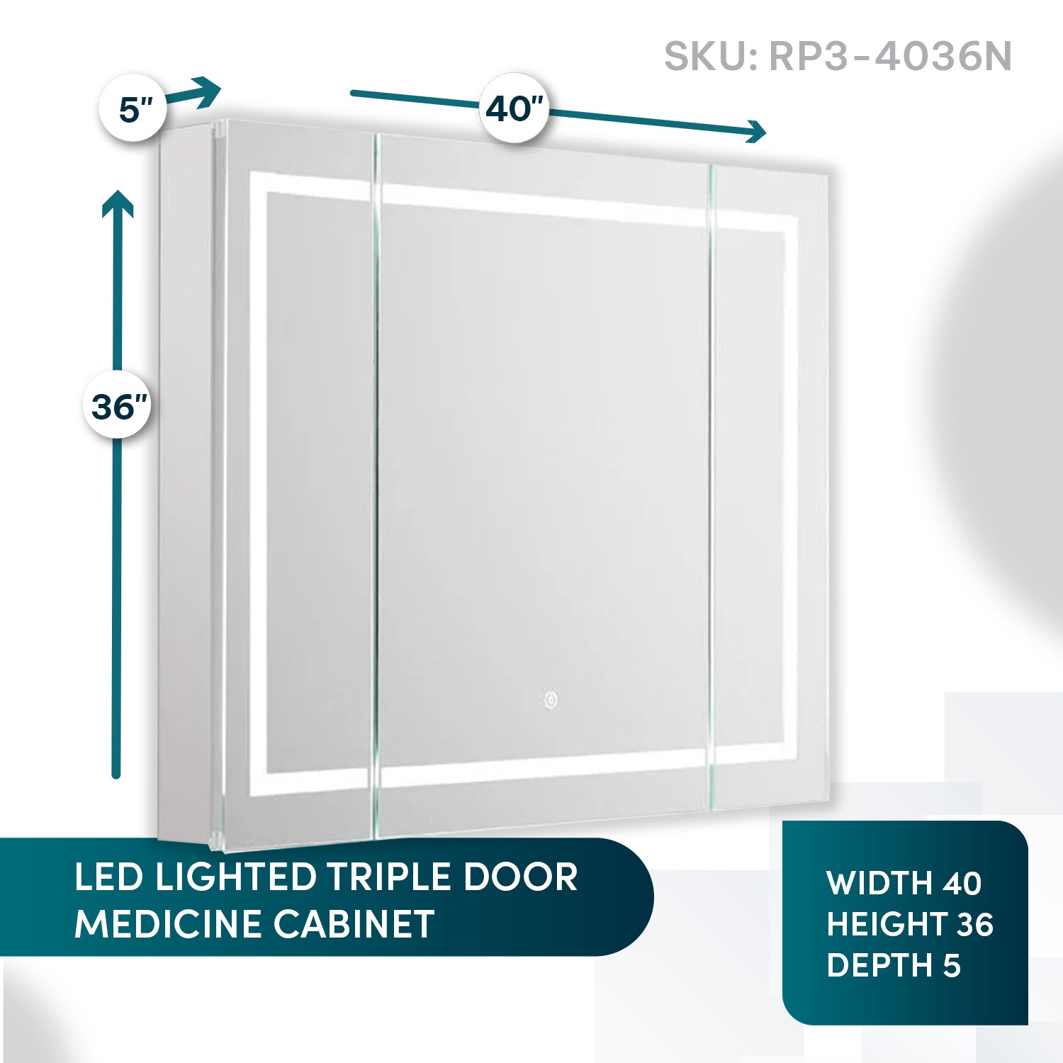 Aquadom Royale Plus 40" x 36" Triple-Door LED Lighted Medicine Cabinet With Defogger, Integrated LED 3X Magnifying Mirror and Electrical Outlet With USB