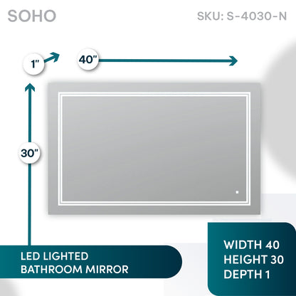 Aquadom SOHO 40" x 30" Rectangle Ultra-Slim Frame LED Lighted Bathroom Mirror With Defogger