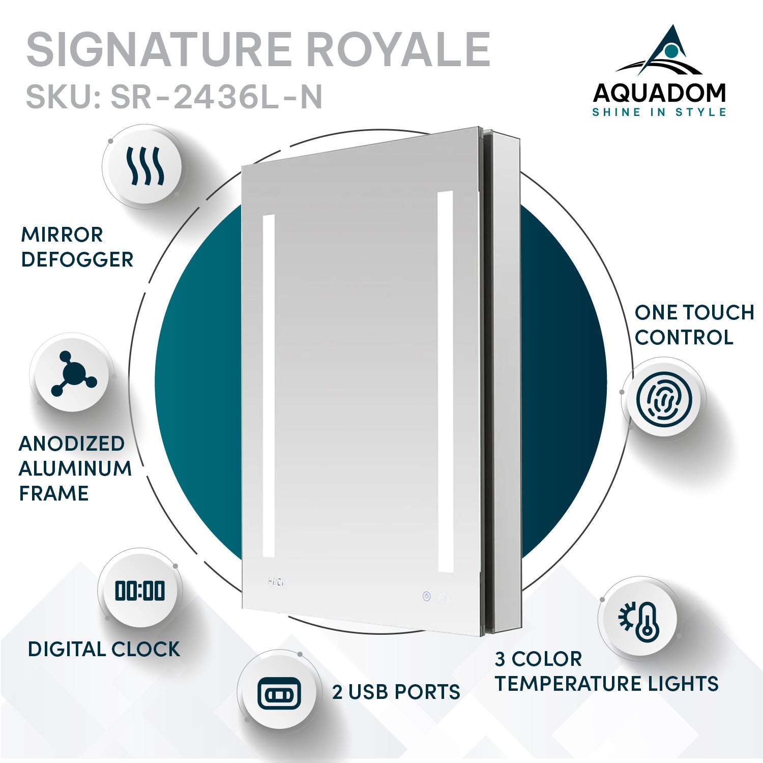Aquadom Signature Royale 24" x 36" Rectangle Left Hinged Medicine Cabinet With Lighting, Defogger, Integrated LED 3X Magnifying Mirror And Electrical Outlet with USB