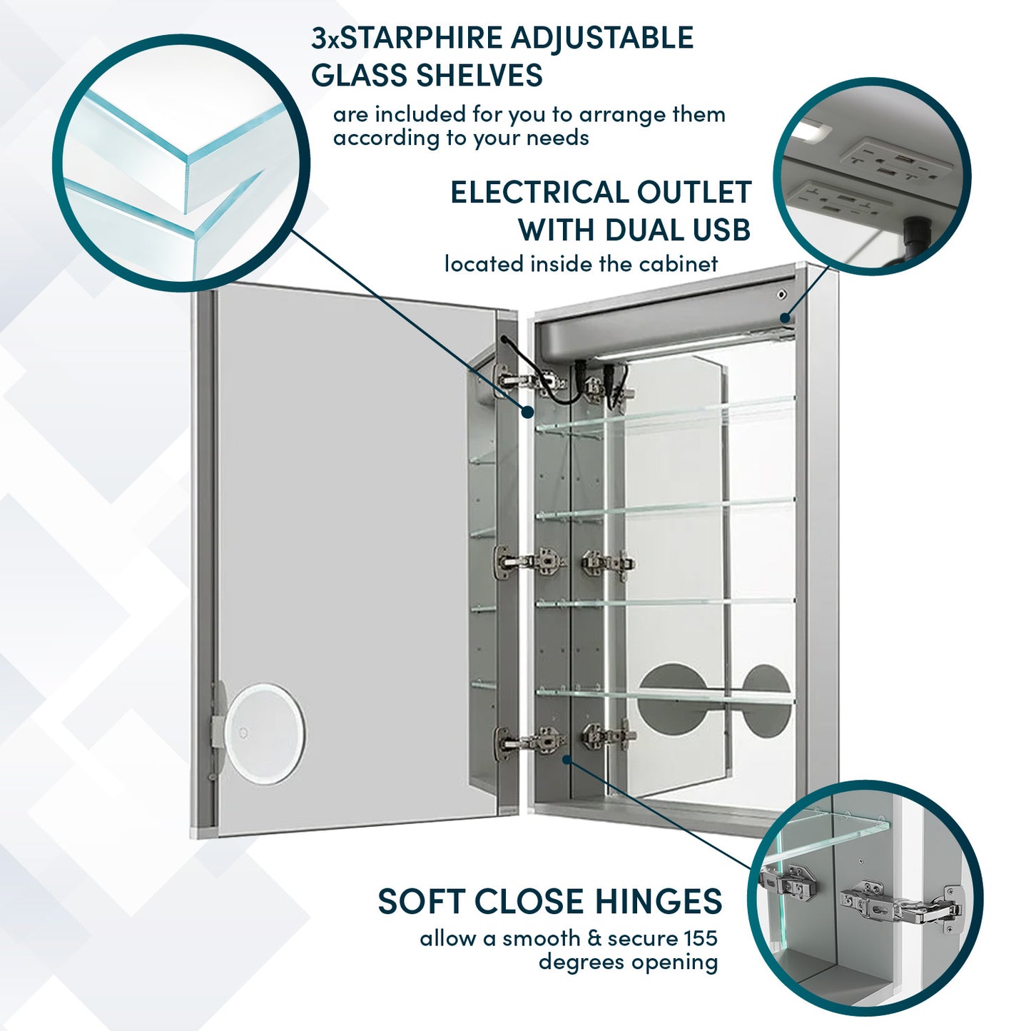 Aquadom Signature Royale 24" x 36" Rectangle Left Hinged Medicine Cabinet With Lighting, Defogger, Integrated LED 3X Magnifying Mirror And Electrical Outlet with USB