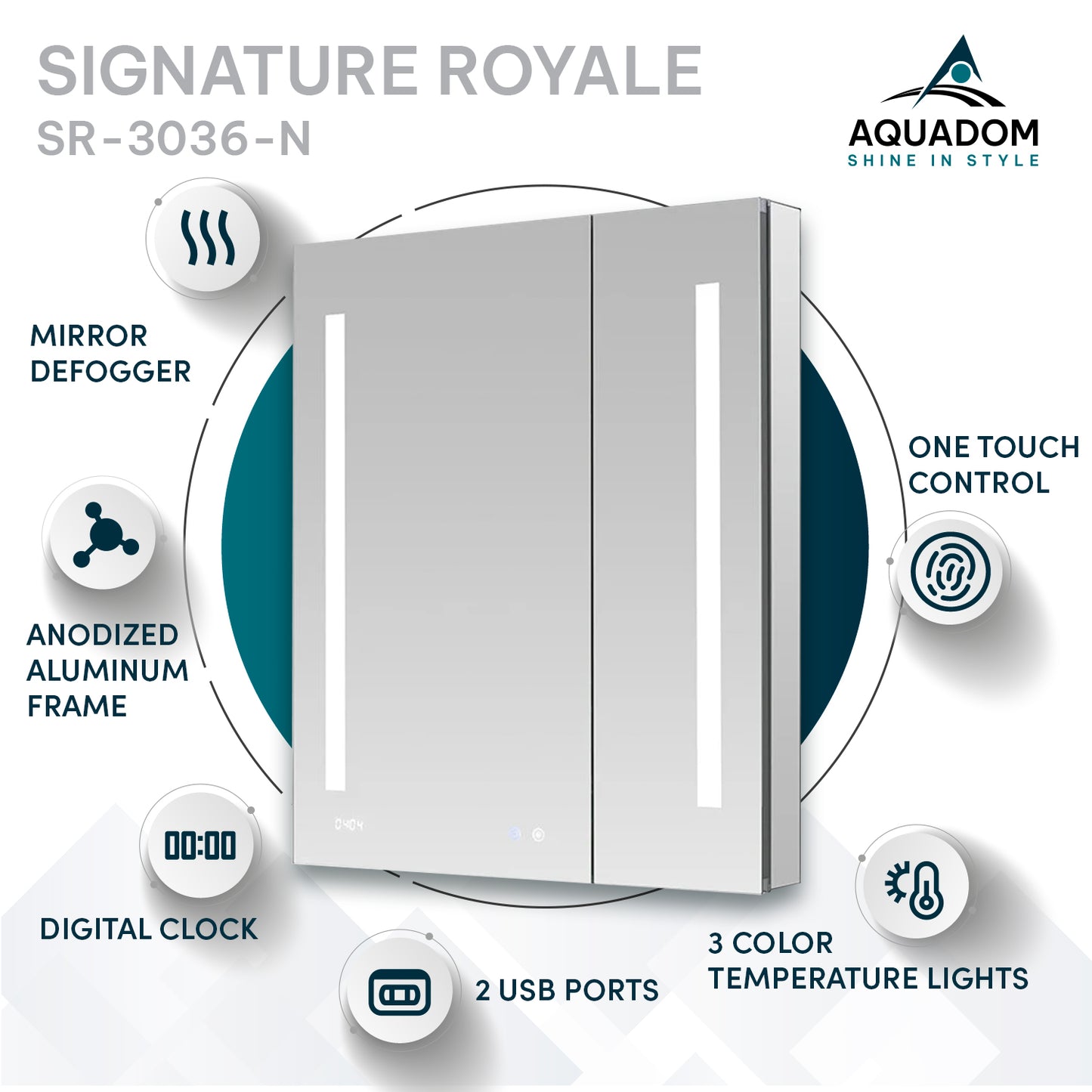 Aquadom Signature Royale 30" x 36" Rectangle Medicine Cabinet With Lighting, Defogger, Integrated LED 3X Magnifying Mirror And Electrical Outlet with USB