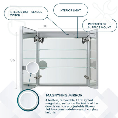 Aquadom Signature Royale 30" x 36" Rectangle Medicine Cabinet With Lighting, Defogger, Integrated LED 3X Magnifying Mirror And Electrical Outlet with USB