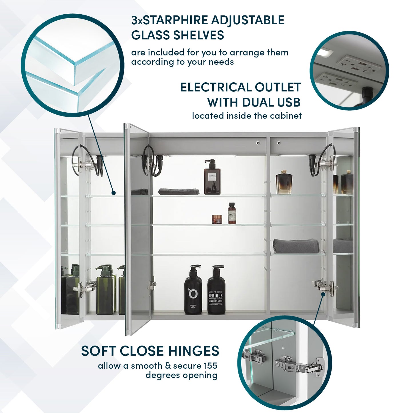 Aquadom Signature Royale 36" x 30" Triple-Door LED Lighted Medicine Cabinet With Defogger, Integrated LED 3X Magnifying Mirror and Electrical Outlet With USB