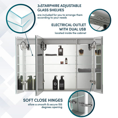 Aquadom Signature Royale 36" x 30" Triple-Door LED Lighted Medicine Cabinet With Defogger, Integrated LED 3X Magnifying Mirror and Electrical Outlet With USB