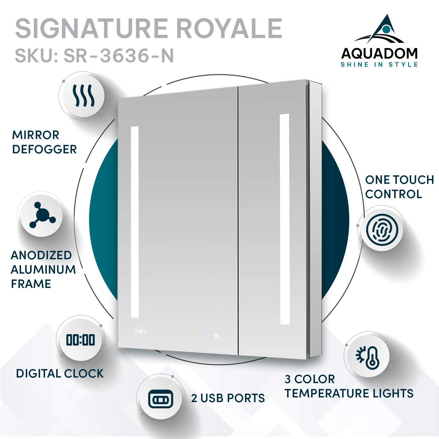 Aquadom Signature Royale 36" x 36" Double-Door LED Lighted Medicine Cabinet With Defogger, Integrated LED 3X Magnifying Mirror and Electrical Outlet With USB
