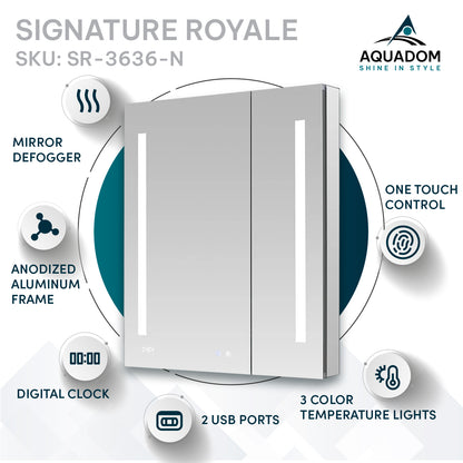 Aquadom Signature Royale 36" x 36" Double-Door LED Lighted Medicine Cabinet With Defogger, Integrated LED 3X Magnifying Mirror and Electrical Outlet With USB