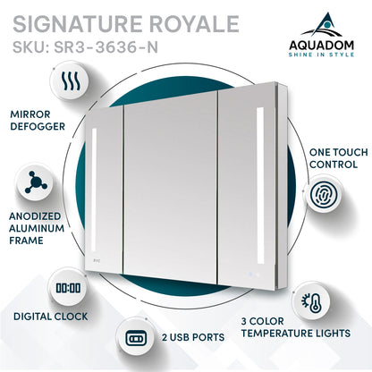 Aquadom Signature Royale 36" x 36" Triple-Door LED Lighted Medicine Cabinet With Defogger, Integrated LED 3X Magnifying Mirror and Electrical Outlet With USB