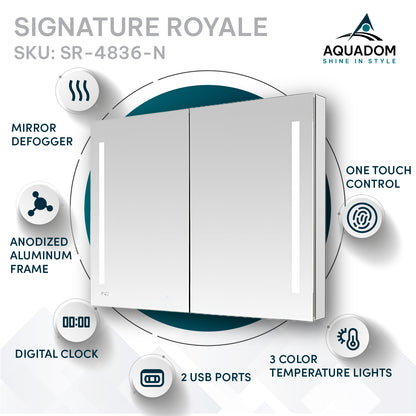 Aquadom Signature Royale 48" x 36" LED Lighted Medicine Cabinet With Defogger, Integrated LED 3X Magnifying Mirror and Electrical Outlet With USB