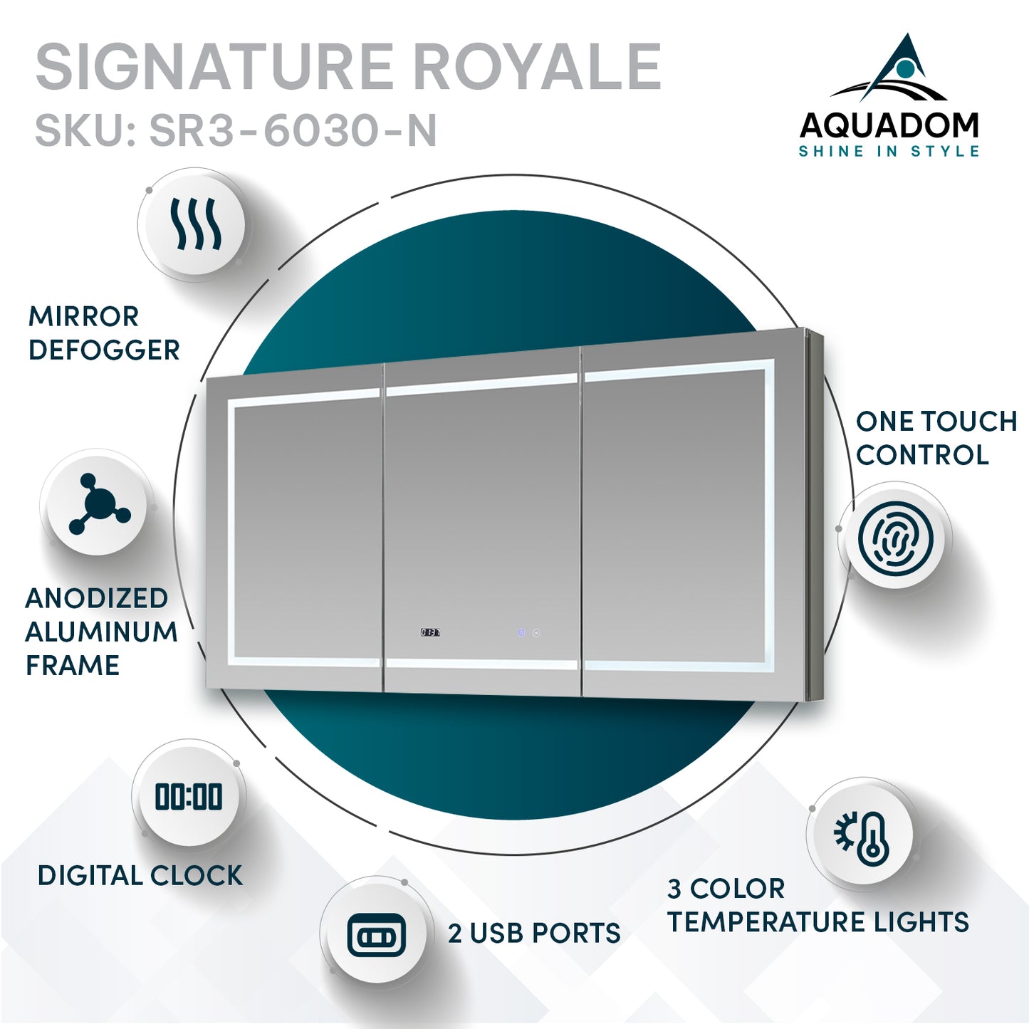 Aquadom Signature Royale 60" x 30" LED Lighted Medicine Cabinet With Defogger, Integrated LED 3X Magnifying Mirror and Electrical Outlet With USB