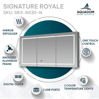 Aquadom Signature Royale 60" x 30" LED Lighted Medicine Cabinet With Defogger, Integrated LED 3X Magnifying Mirror and Electrical Outlet With USB