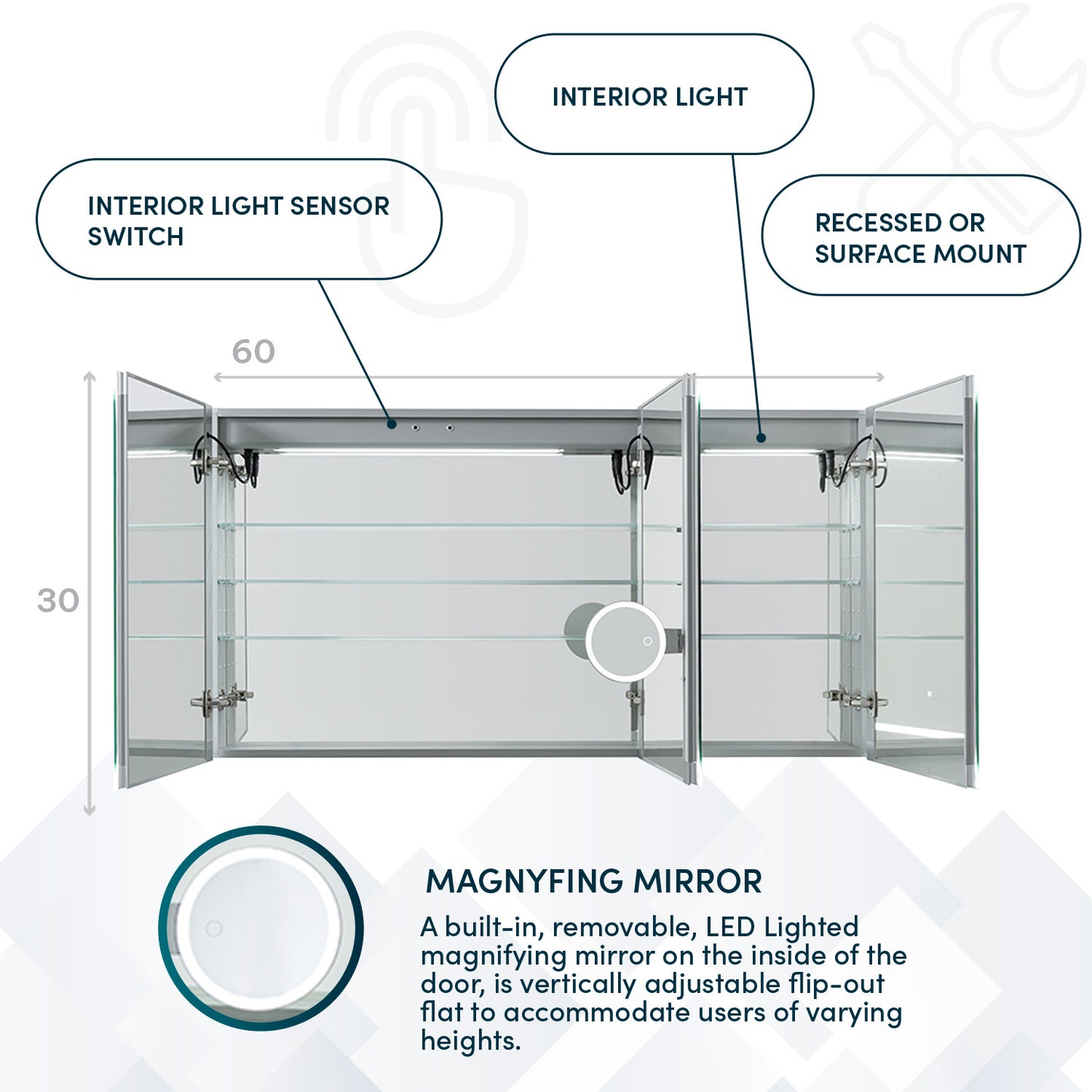 Aquadom Signature Royale 60" x 30" LED Lighted Medicine Cabinet With Defogger, Integrated LED 3X Magnifying Mirror and Electrical Outlet With USB