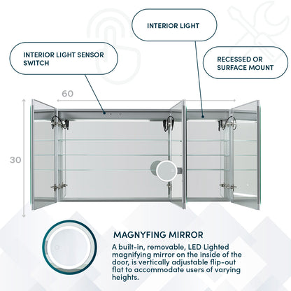 Aquadom Signature Royale 60" x 30" LED Lighted Medicine Cabinet With Defogger, Integrated LED 3X Magnifying Mirror and Electrical Outlet With USB