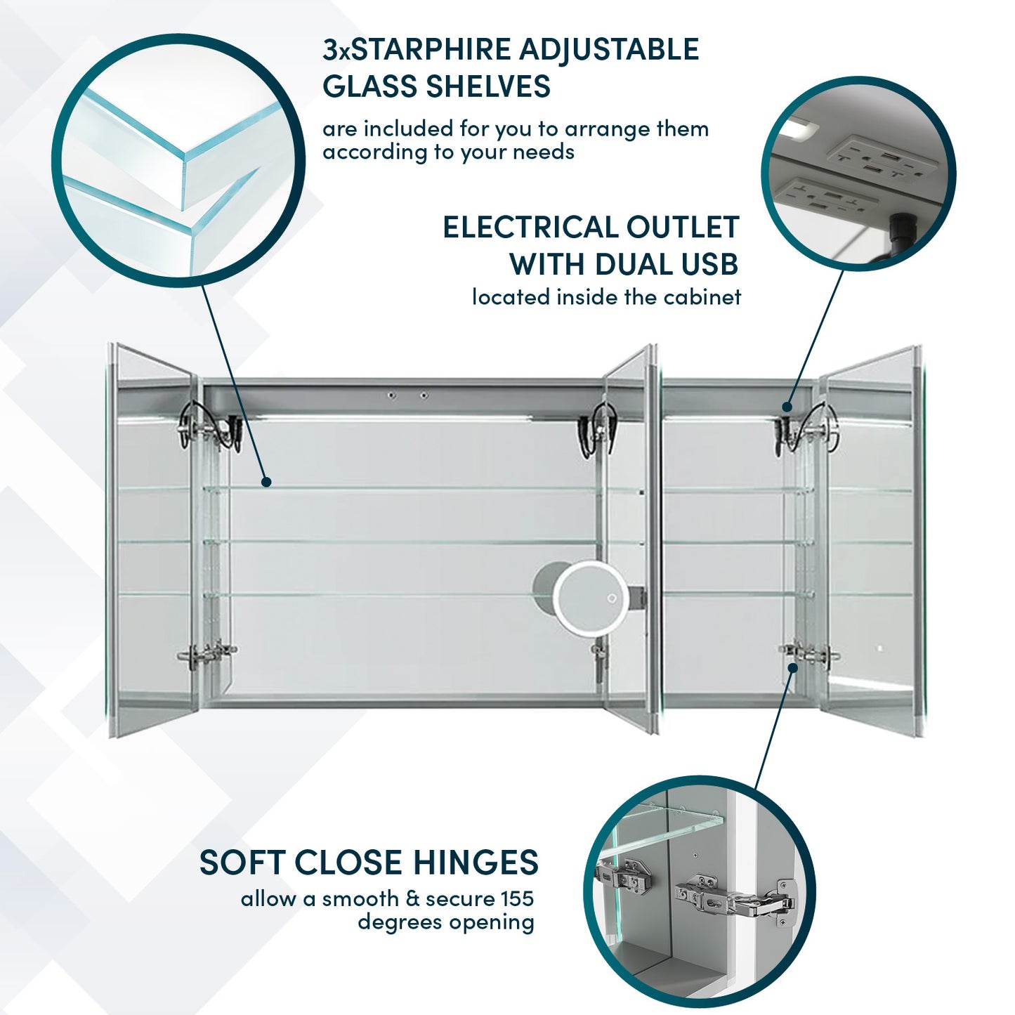 Aquadom Signature Royale 60" x 36" Triple-Door LED Lighted Medicine Cabinet With Defogger, Integrated LED 3X Magnifying Mirror and Electrical Outlet With USB