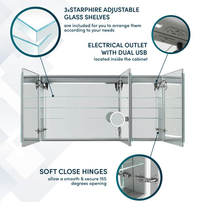 Aquadom Signature Royale 60" x 36" Triple-Door LED Lighted Medicine Cabinet With Defogger, Integrated LED 3X Magnifying Mirror and Electrical Outlet With USB