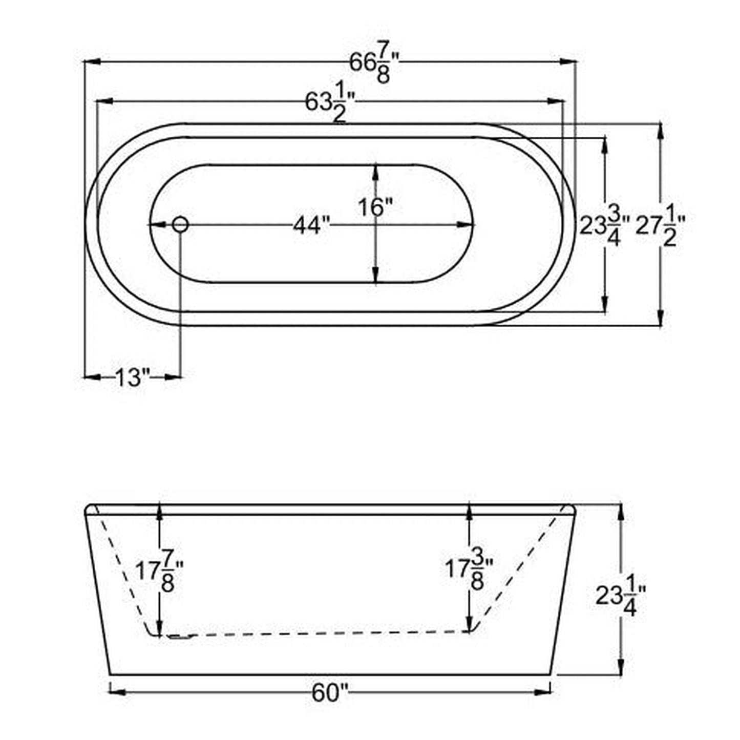 Atlantis Whirlpools Enza 67" x 28" White Freestanding Acrylic Soaker Bathtub