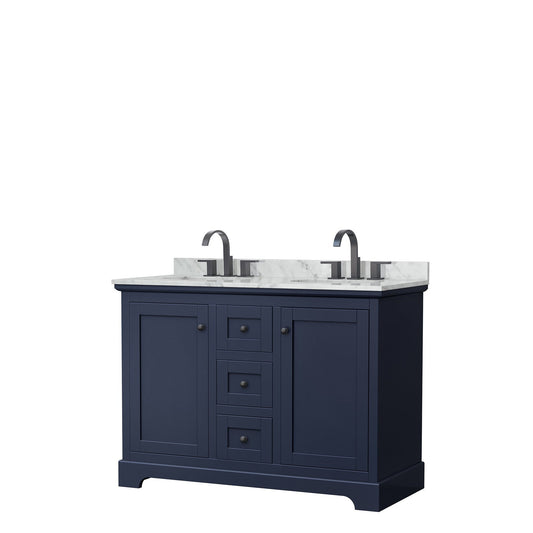 Avery 48" Double Bathroom Vanity in Dark Blue, White Carrara Marble Countertop, Undermount Oval Sinks, Matte Black Trim