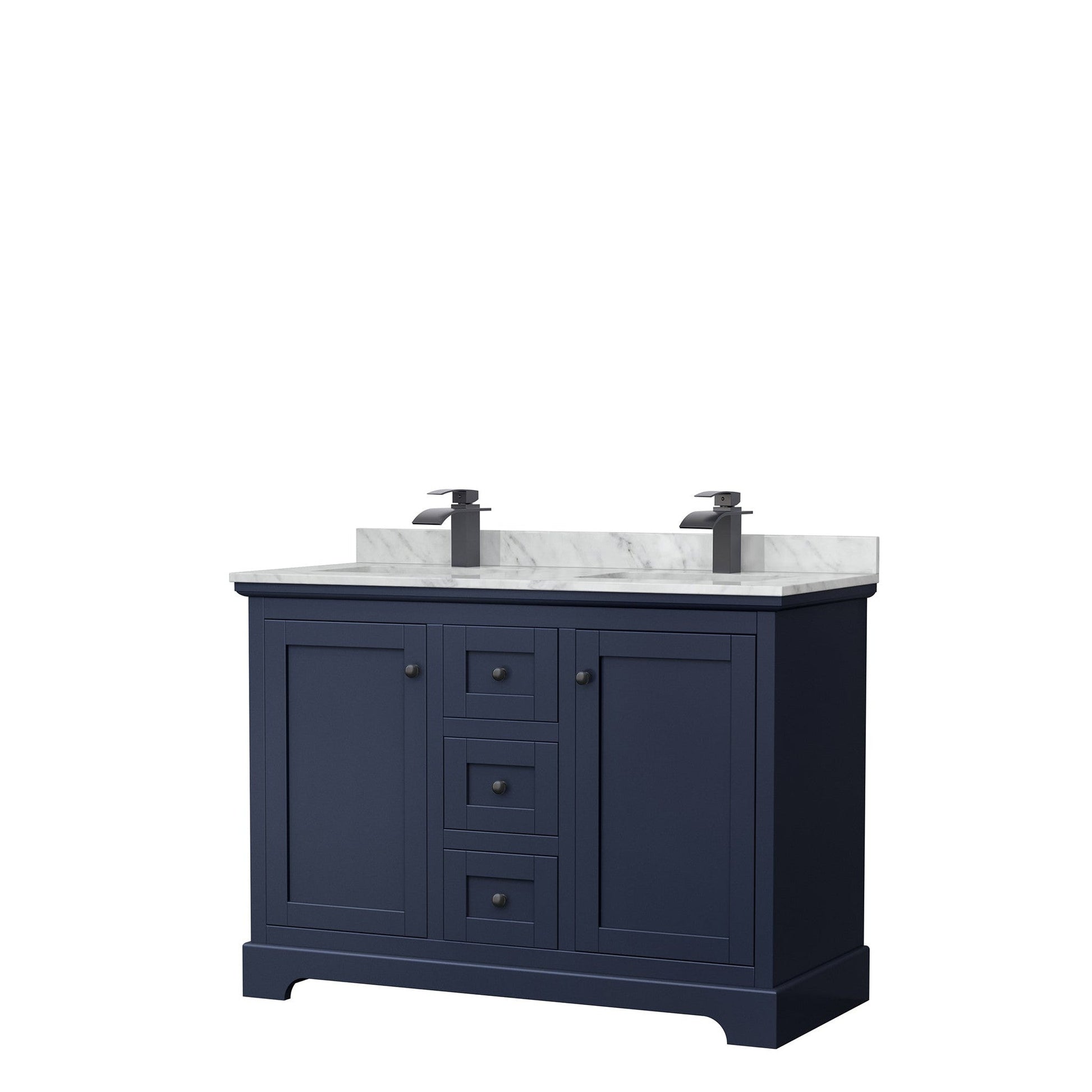 Avery 48" Double Bathroom Vanity in Dark Blue, White Carrara Marble Countertop, Undermount Square Sinks, Matte Black Trim