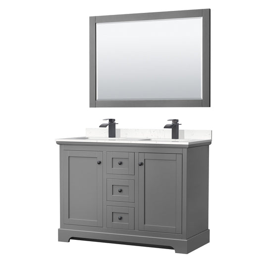 Avery 48" Double Bathroom Vanity in Dark Gray, Carrara Cultured Marble Countertop, Undermount Square Sinks, Matte Black Trim, 46" Mirror
