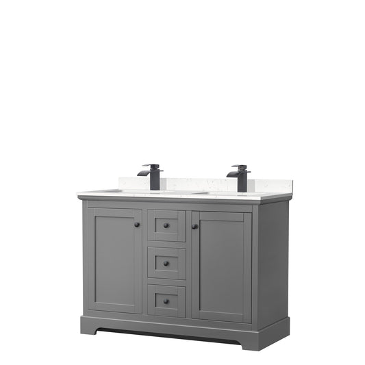 Avery 48" Double Bathroom Vanity in Dark Gray, Carrara Cultured Marble Countertop, Undermount Square Sinks, Matte Black Trim