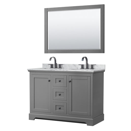 Avery 48" Double Bathroom Vanity in Dark Gray, White Carrara Marble Countertop, Undermount Oval Sinks, Matte Black Trim, 46" Mirror
