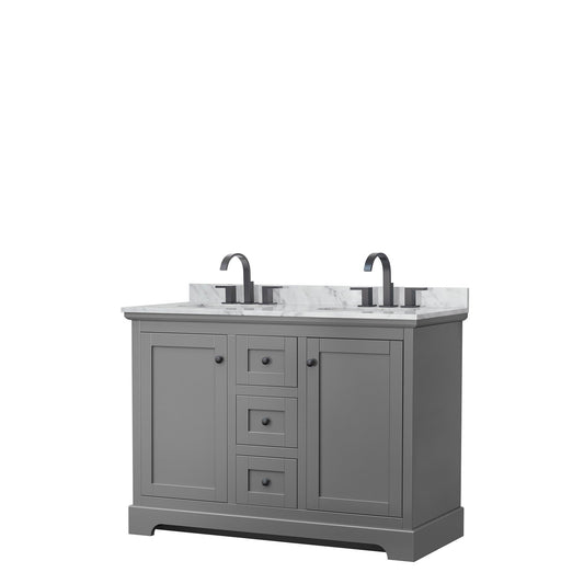 Avery 48" Double Bathroom Vanity in Dark Gray, White Carrara Marble Countertop, Undermount Oval Sinks, Matte Black Trim