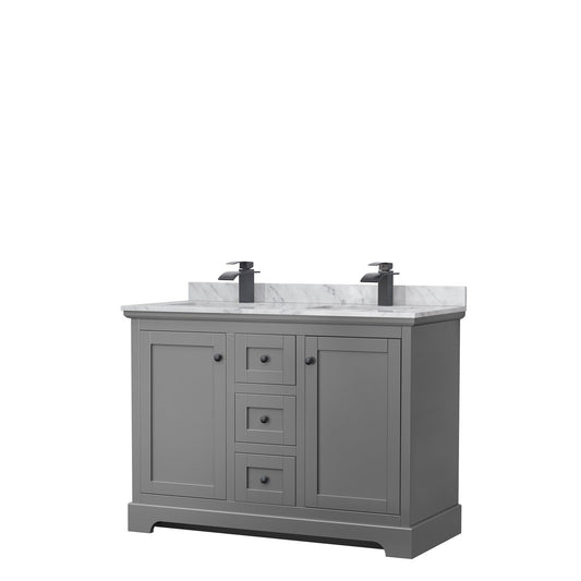 Avery 48" Double Bathroom Vanity in Dark Gray, White Carrara Marble Countertop, Undermount Square Sinks, Matte Black Trim