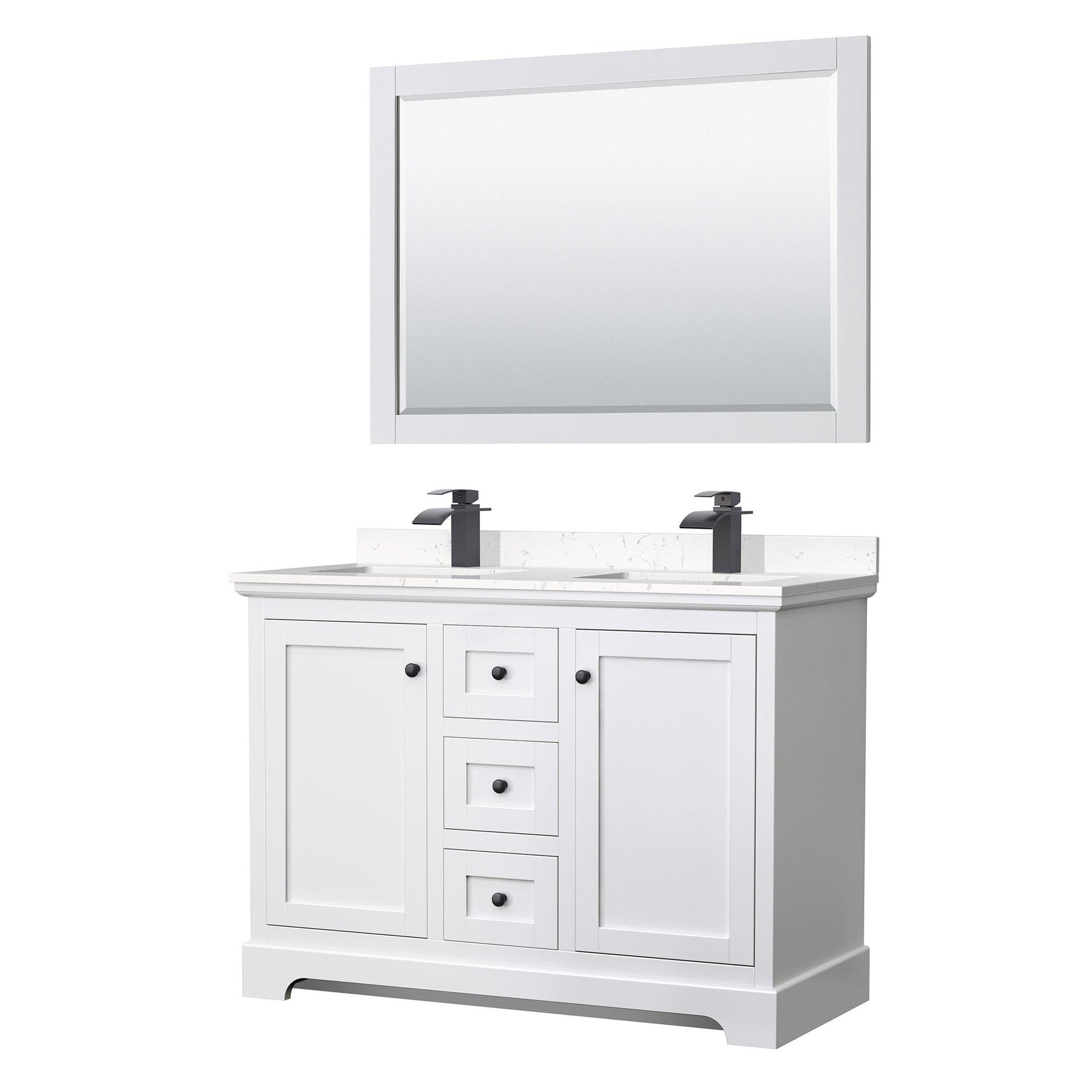 Avery 48" Double Bathroom Vanity in White, Carrara Cultured Marble Countertop, Undermount Square Sinks, Matte Black Trim, 46" Mirror